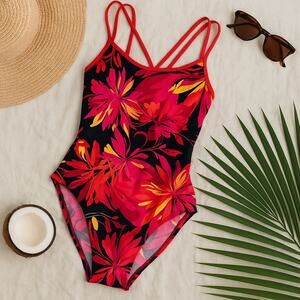 Nike Strappy Open Back One Piece Swimsuit Red Tropical Floral Butterfly Womens 6